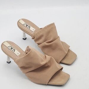 ZARA Ruched Mesh Mules | Clear Kitten Heel In Nude Size 36